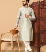 Silver zari woven jacquard band collar kurta pajama