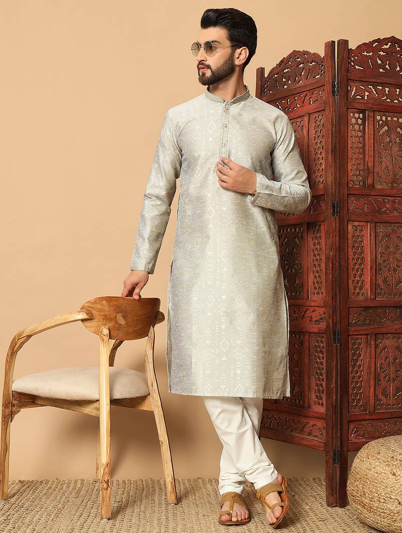 Silver zari woven jacquard band collar kurta pajama