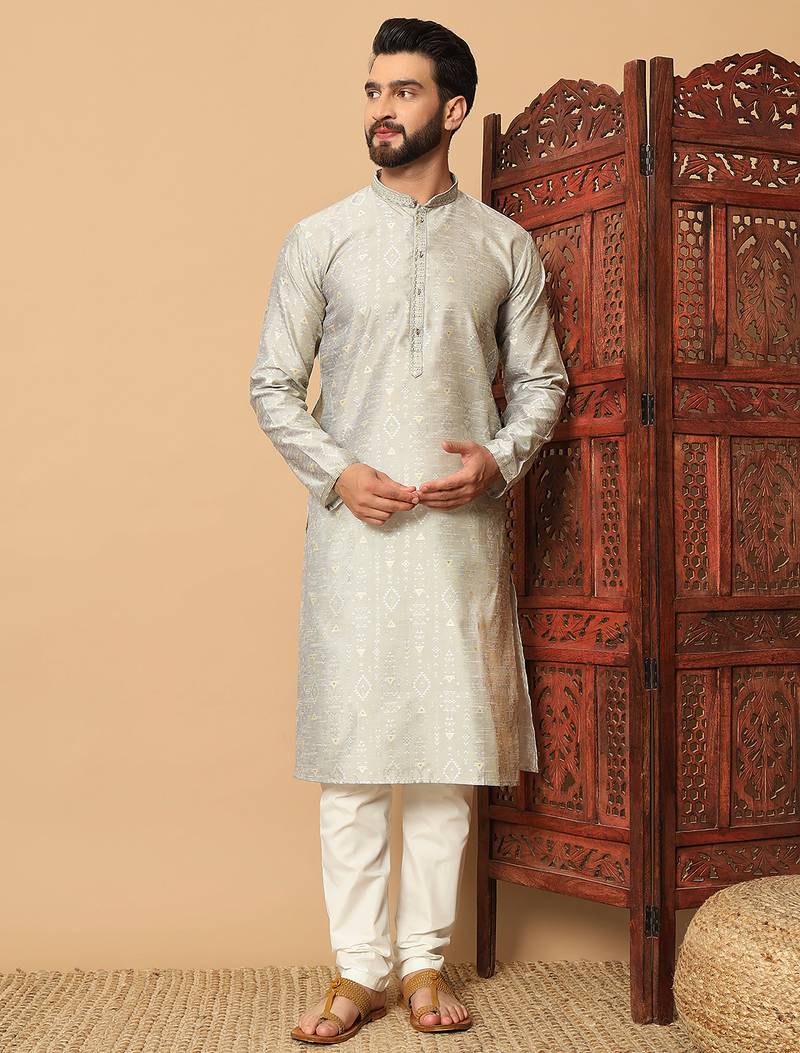Silver zari woven jacquard band collar kurta pajama