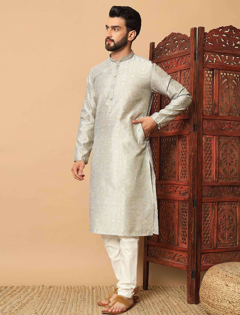 Silver zari woven jacquard band collar kurta pajama