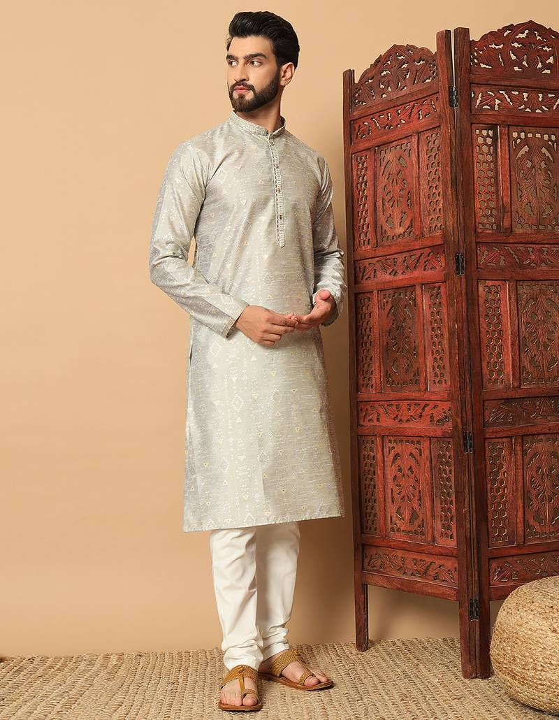 Silver zari woven jacquard band collar kurta pajama