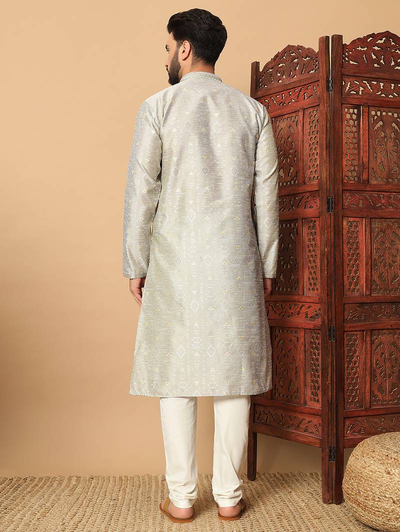 Silver zari woven jacquard band collar kurta pajama