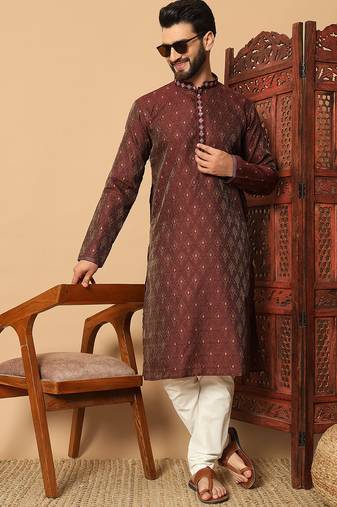 Maroon zari woven jacquard band collar kurta pajama