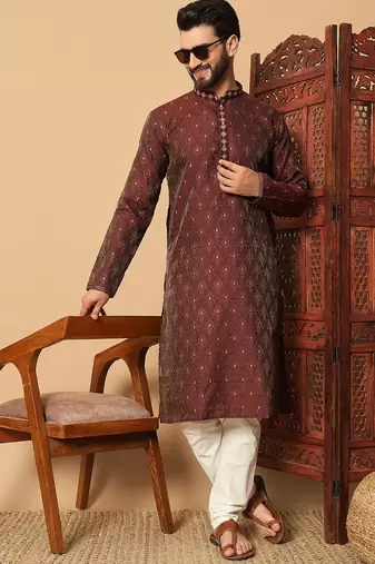 Maroon zari woven jacquard band collar kurta pajama
