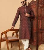 Maroon zari woven jacquard band collar kurta pajama