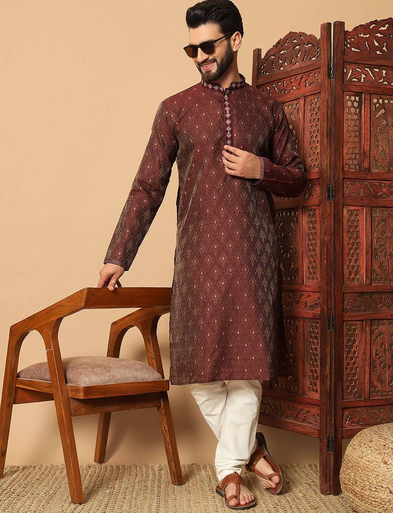 Maroon zari woven jacquard band collar kurta pajama