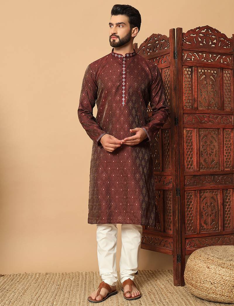 Maroon zari woven jacquard band collar kurta pajama