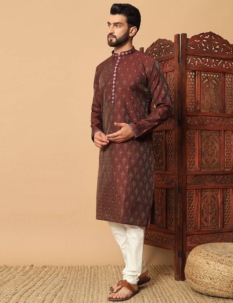 Maroon zari woven jacquard band collar kurta pajama