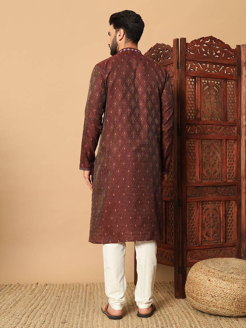 Maroon zari woven jacquard band collar kurta pajama
