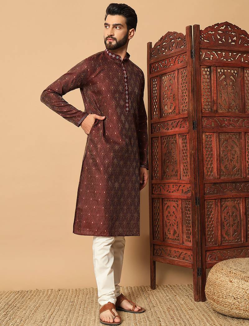 Maroon zari woven jacquard band collar kurta pajama