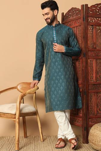 Teal zari woven jacquard band collar kurta pajama