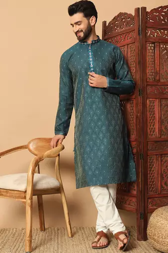Teal zari woven jacquard band collar kurta pajama
