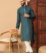 Teal zari woven jacquard band collar kurta pajama