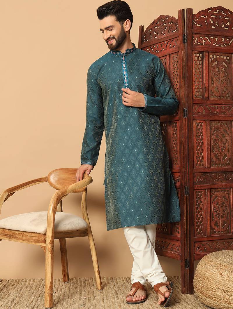 Teal zari woven jacquard band collar kurta pajama