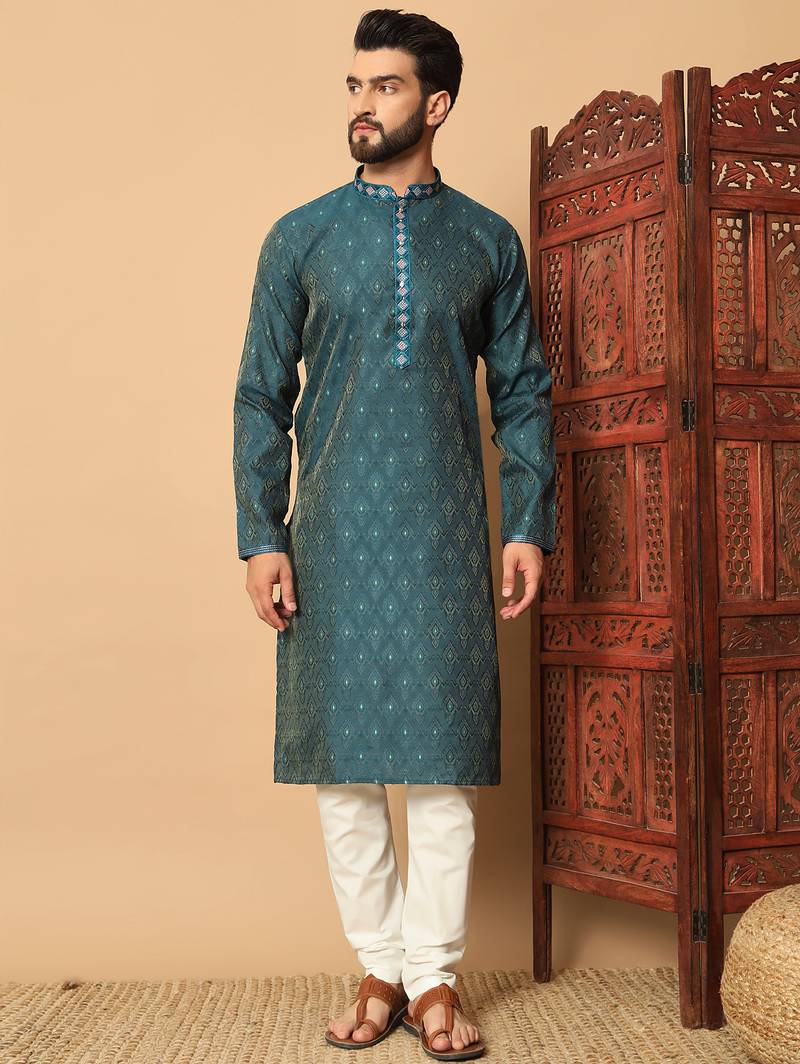 Teal zari woven jacquard band collar kurta pajama