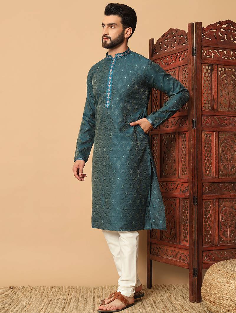 Teal zari woven jacquard band collar kurta pajama