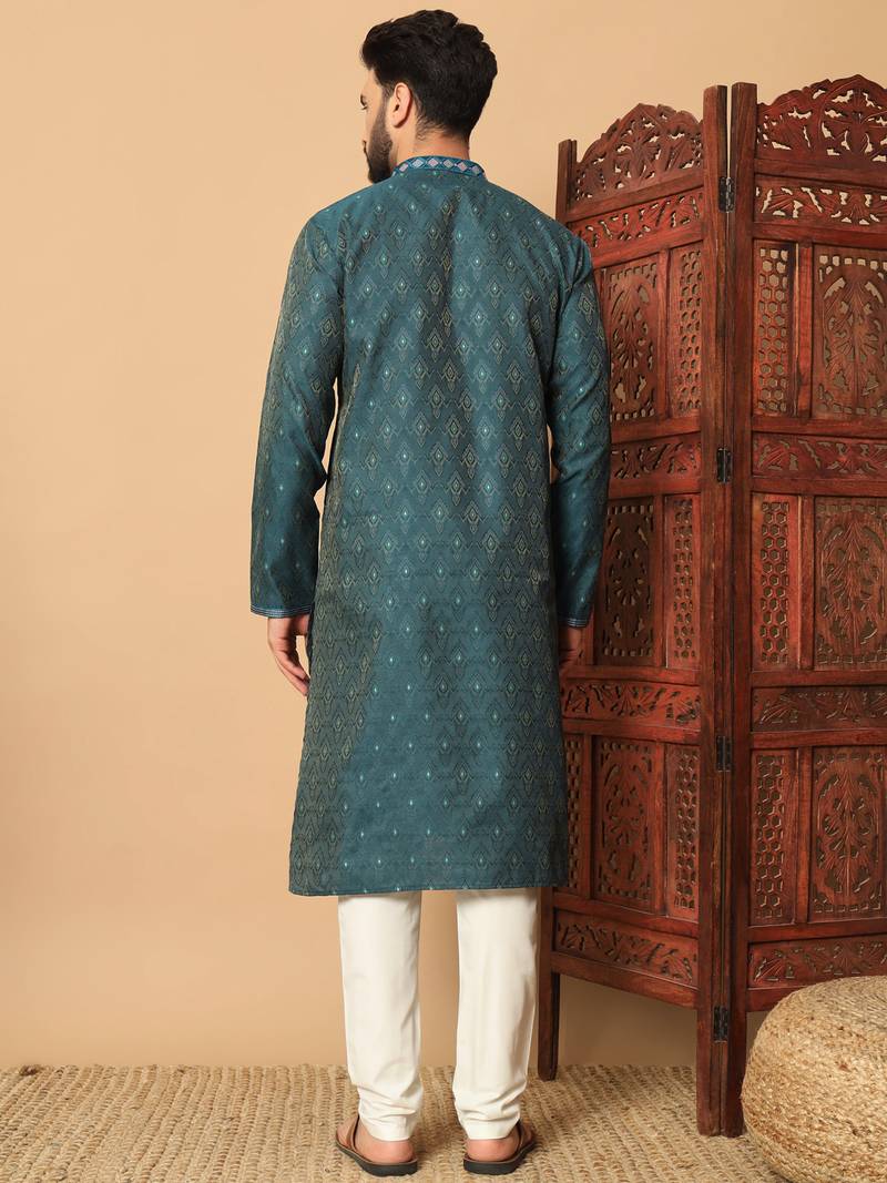 Teal zari woven jacquard band collar kurta pajama