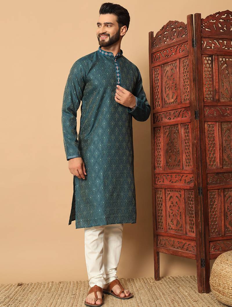 Teal zari woven jacquard band collar kurta pajama