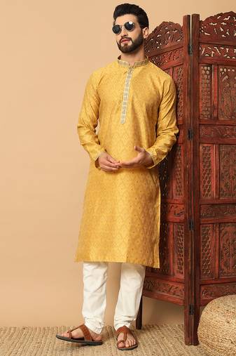 Yellow zari woven jacquard band collar kurta pajama
