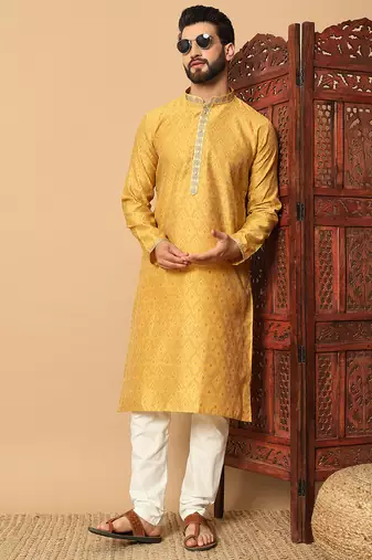 Yellow zari woven jacquard band collar kurta pajama