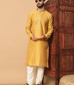 Yellow zari woven jacquard band collar kurta pajama