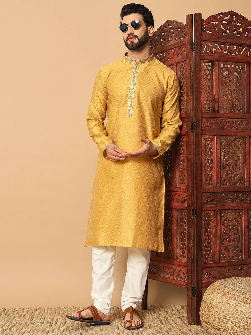Yellow zari woven jacquard band collar kurta pajama