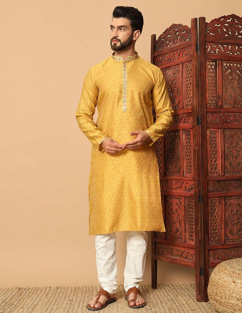 Yellow zari woven jacquard band collar kurta pajama