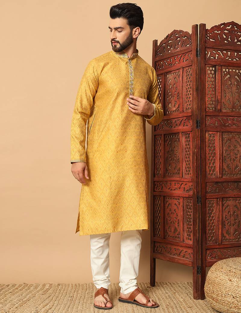 Yellow zari woven jacquard band collar kurta pajama