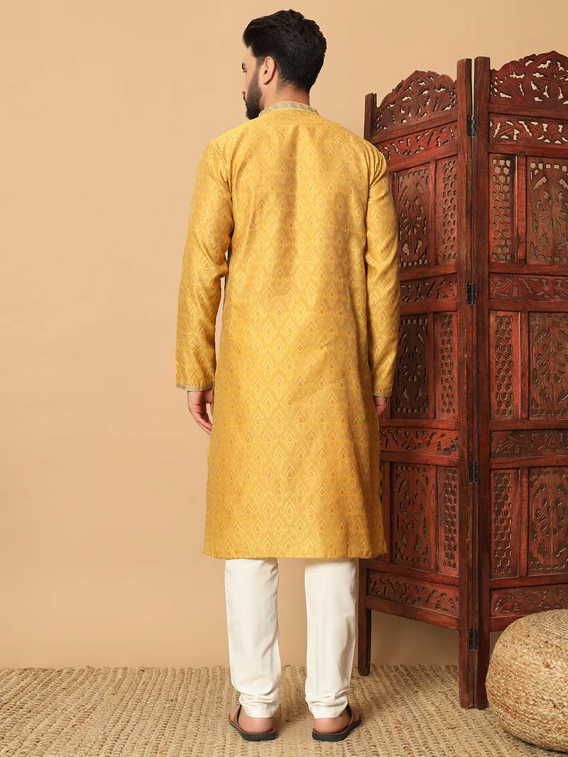 Yellow zari woven jacquard band collar kurta pajama
