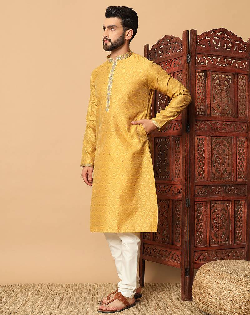 Yellow zari woven jacquard band collar kurta pajama