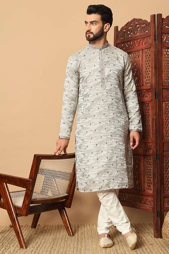 Grey sequins work jacquard band collar kurta pajama