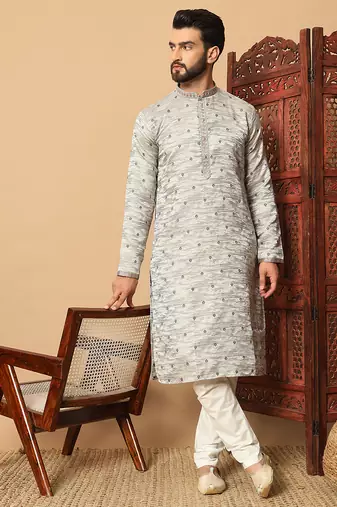 Grey sequins work jacquard band collar kurta pajama