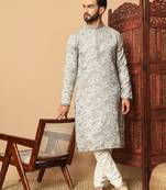 Grey sequins work jacquard band collar kurta pajama