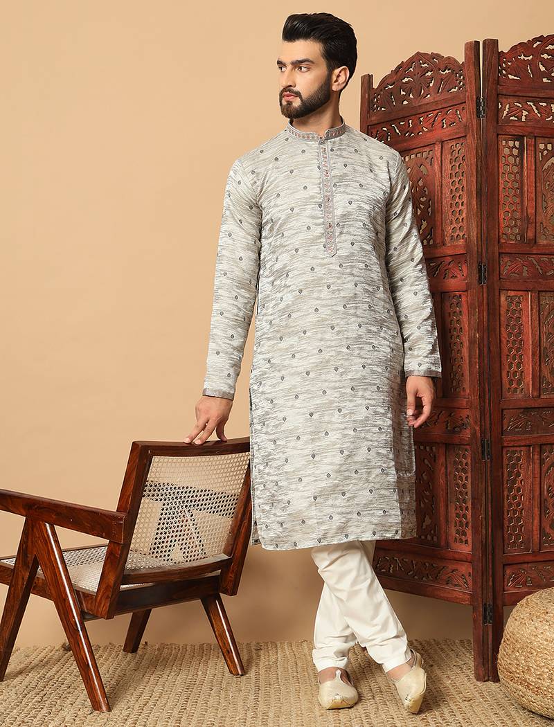 Grey sequins work jacquard band collar kurta pajama