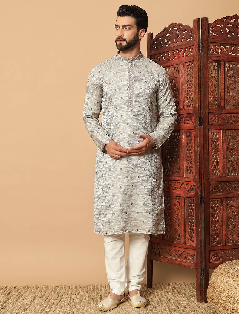 Grey sequins work jacquard band collar kurta pajama