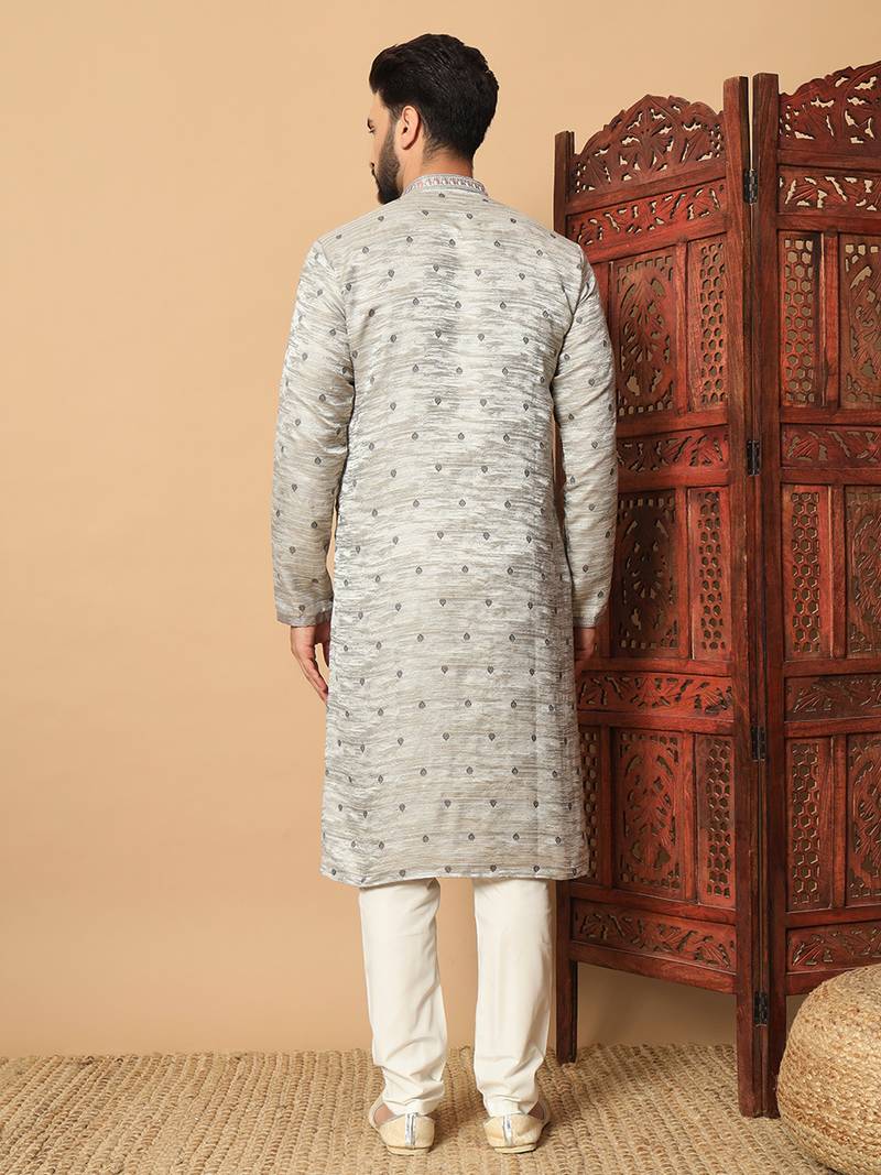 Grey sequins work jacquard band collar kurta pajama