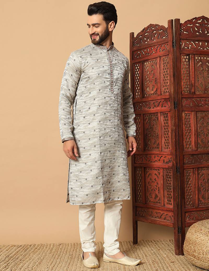 Grey sequins work jacquard band collar kurta pajama