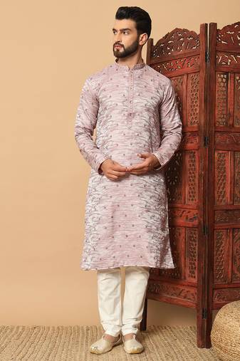 Mauve sequins work jacquard band collar kurta pajama