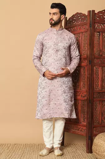 Mauve sequins work jacquard band collar kurta pajama
