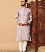 Mauve sequins work jacquard band collar kurta pajama