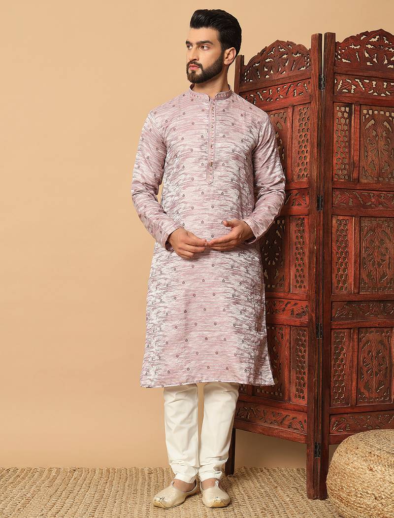 Mauve sequins work jacquard band collar kurta pajama