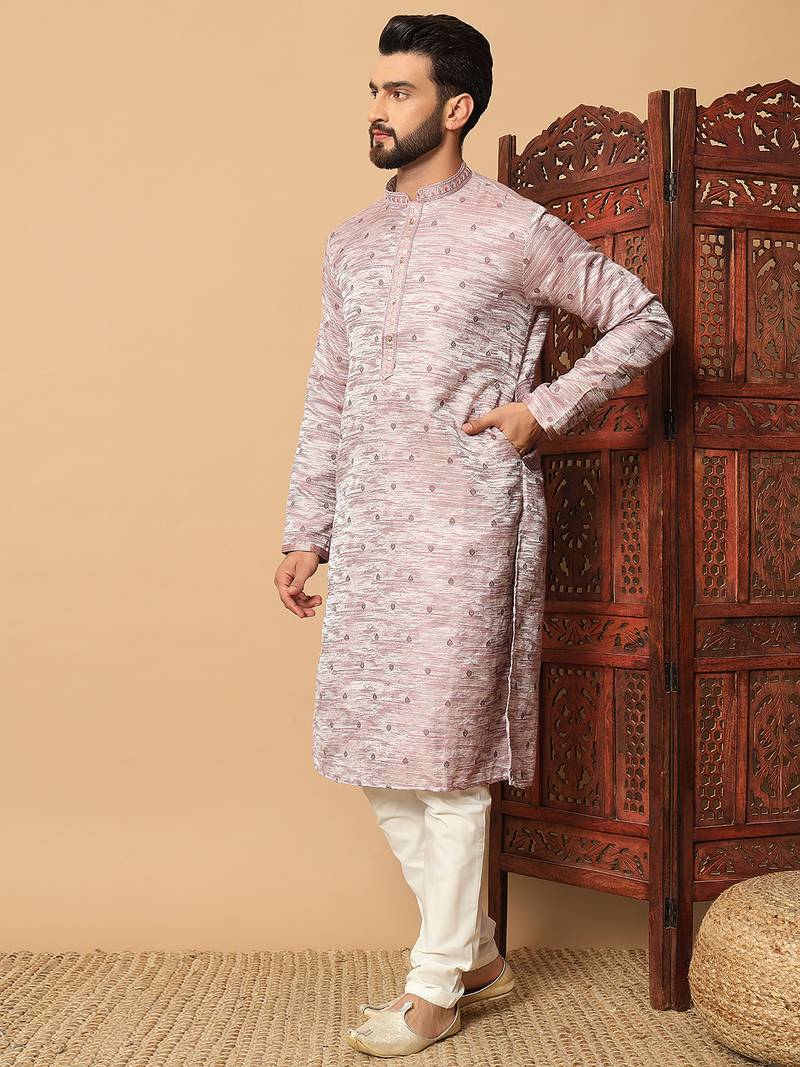 Mauve sequins work jacquard band collar kurta pajama