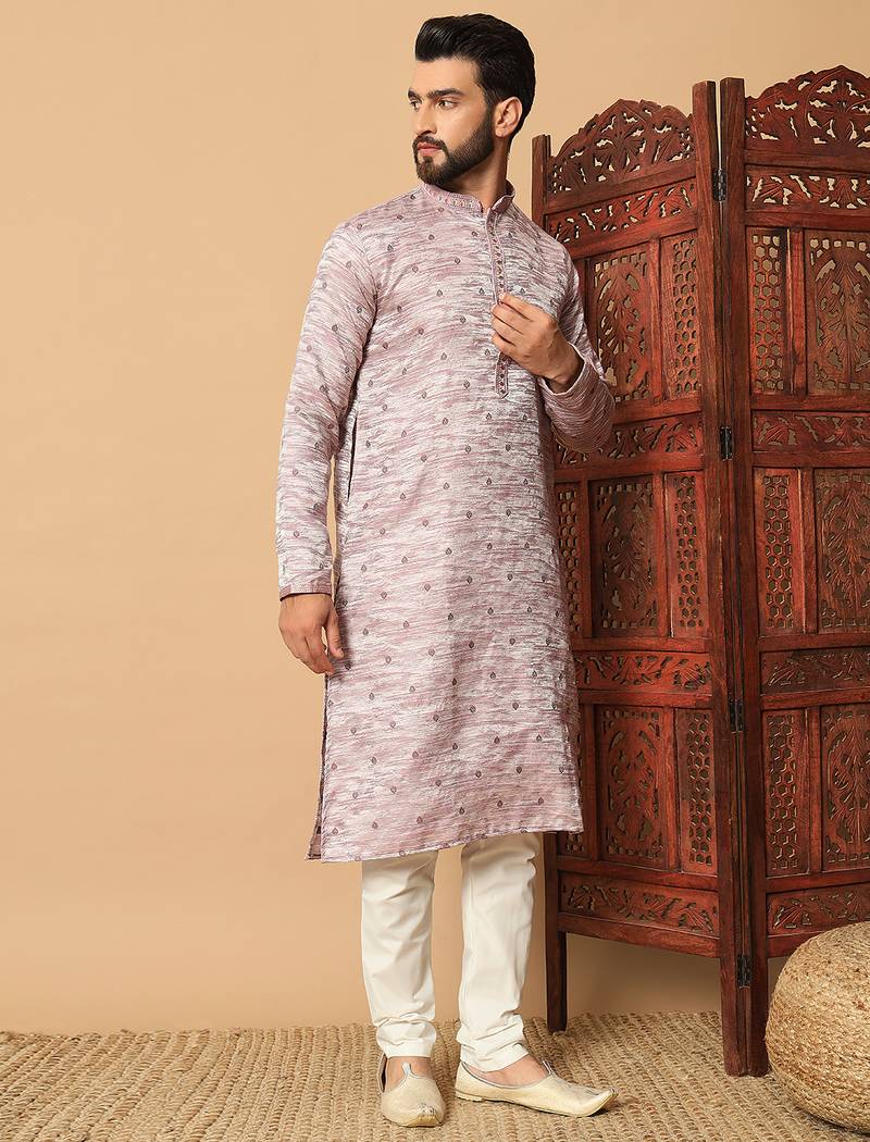 Mauve sequins work jacquard band collar kurta pajama