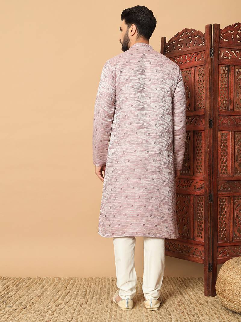 Mauve sequins work jacquard band collar kurta pajama