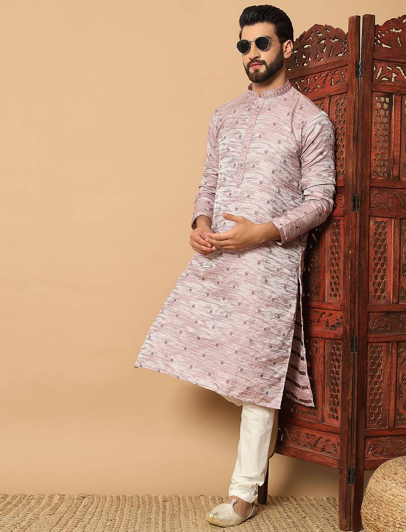 Mauve sequins work jacquard band collar kurta pajama