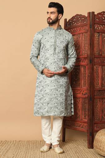 Pista green sequins work jacquard band collar kurta pajama