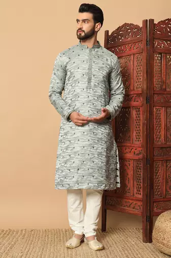 Pista green sequins work jacquard band collar kurta pajama