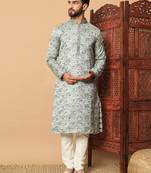 Pista green sequins work jacquard band collar kurta pajama