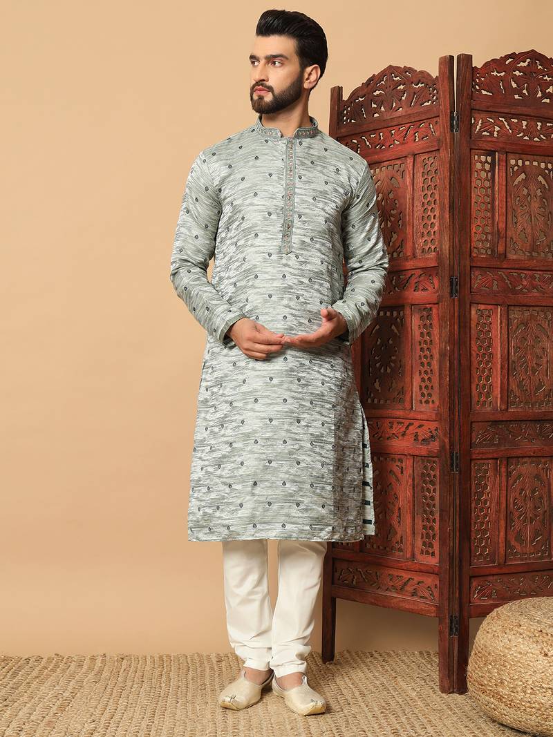 Pista green sequins work jacquard band collar kurta pajama