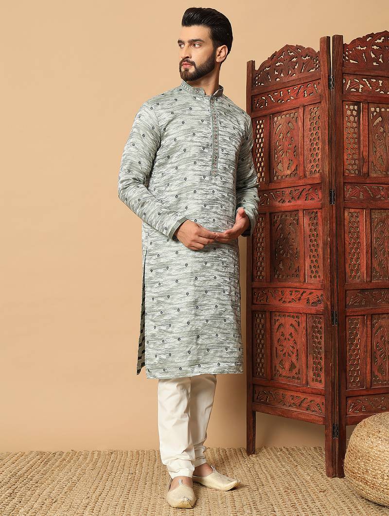 Pista green sequins work jacquard band collar kurta pajama